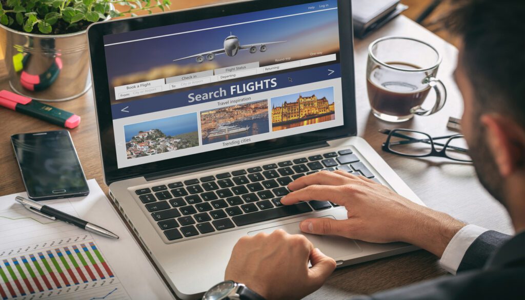 Person searching Boston to Miami flights on laptop with travel booking website open