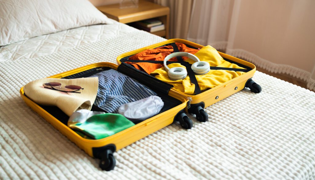 Packed yellow suitcase with summer clothes and accessories on bed for Boston to Miami flights
