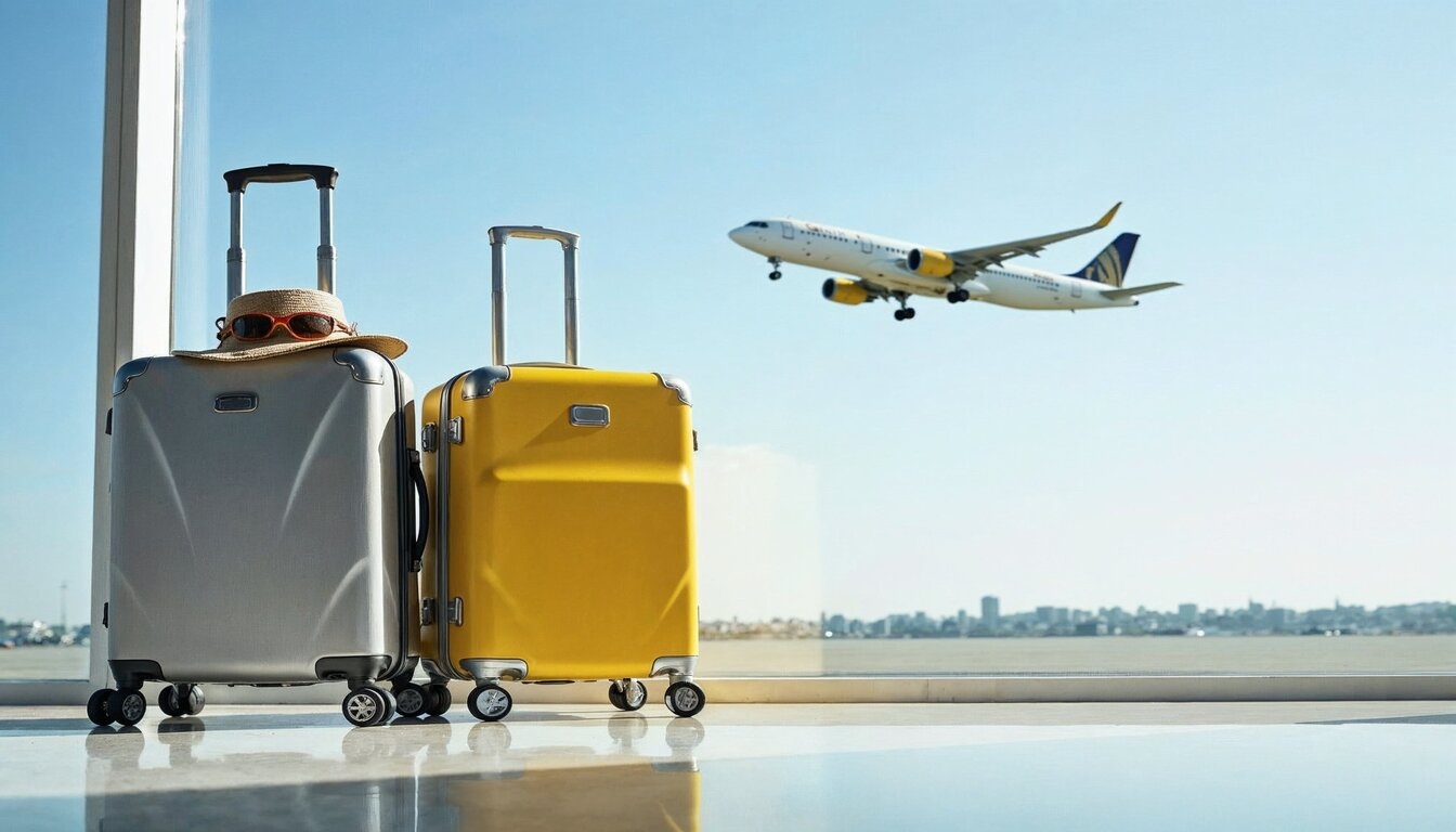 Two colorful suitcases with sun hat at airport terminal window overlooking best airlines aircraft preparing for takeoff