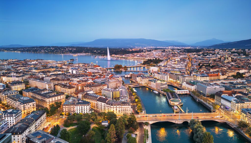 Geneva Switzerland aerial view with Lake Geneva and Jet d'Eau fountain - best cities to visit in Switzerland