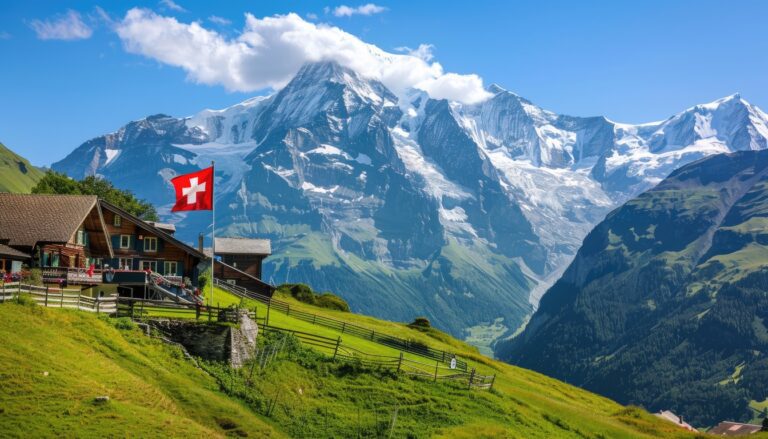 Swiss Alps mountain village with traditional chalets and flag - best cities to visit in Switzerland