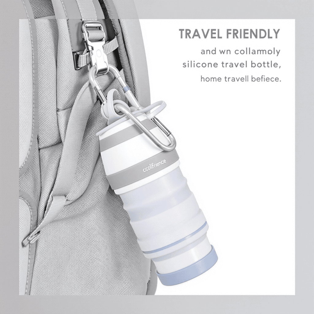 Collapsible silicone travel bottle attached to a backpack—perfect for travelers looking for compact and reusable travel bottles.