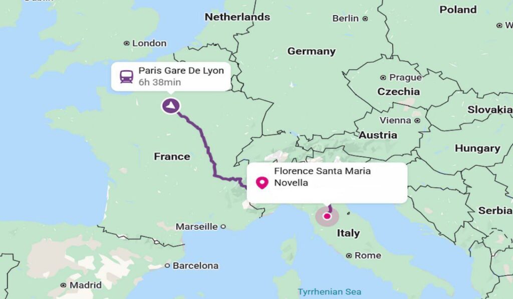 Map highlighting train routes from Paris France to Florence Italy by train